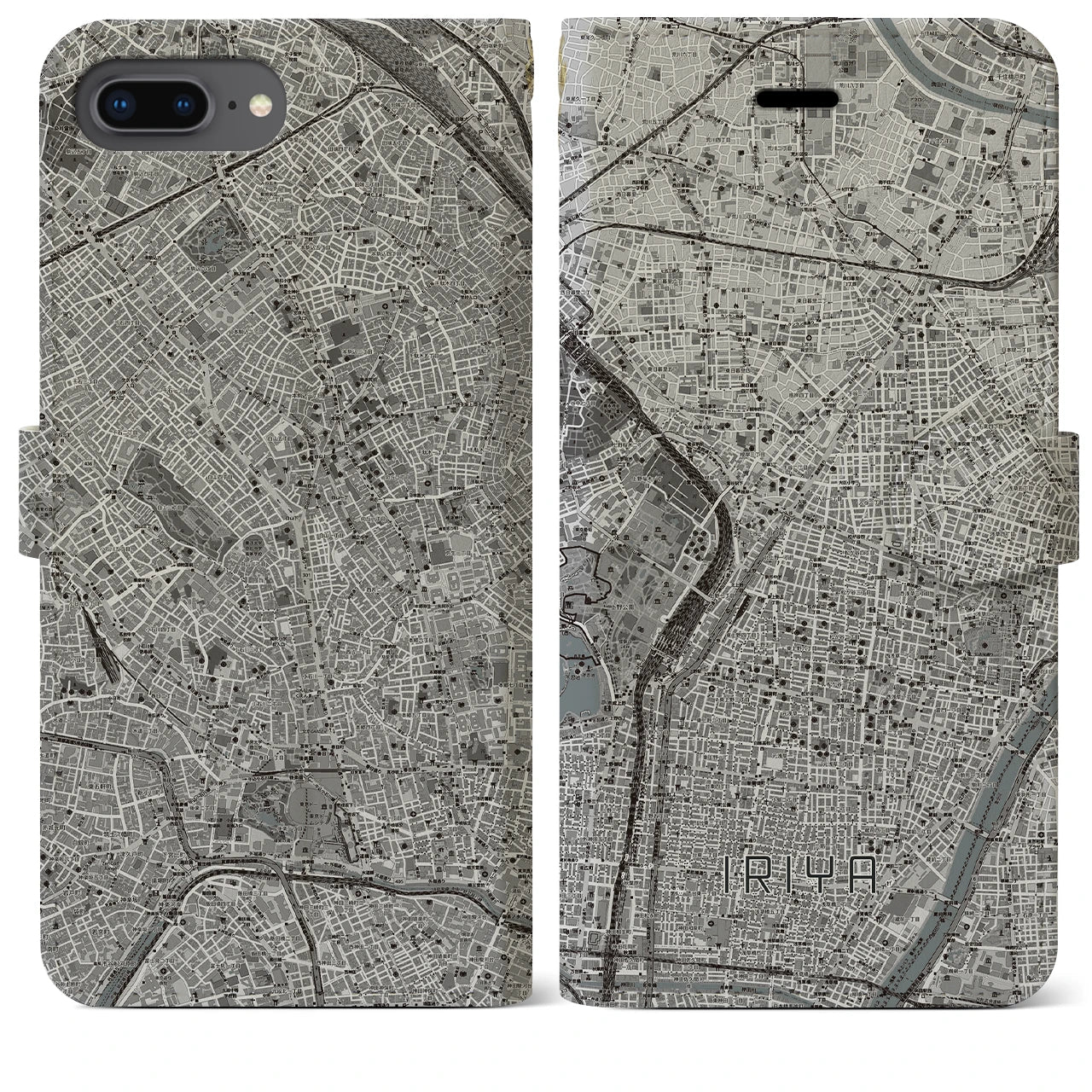 【入谷(東京都)】地図柄iPhoneケース(手帳タイプ)モノトーン・iPhone 8Plus /7Plus / 6sPlus / 6Plus 用