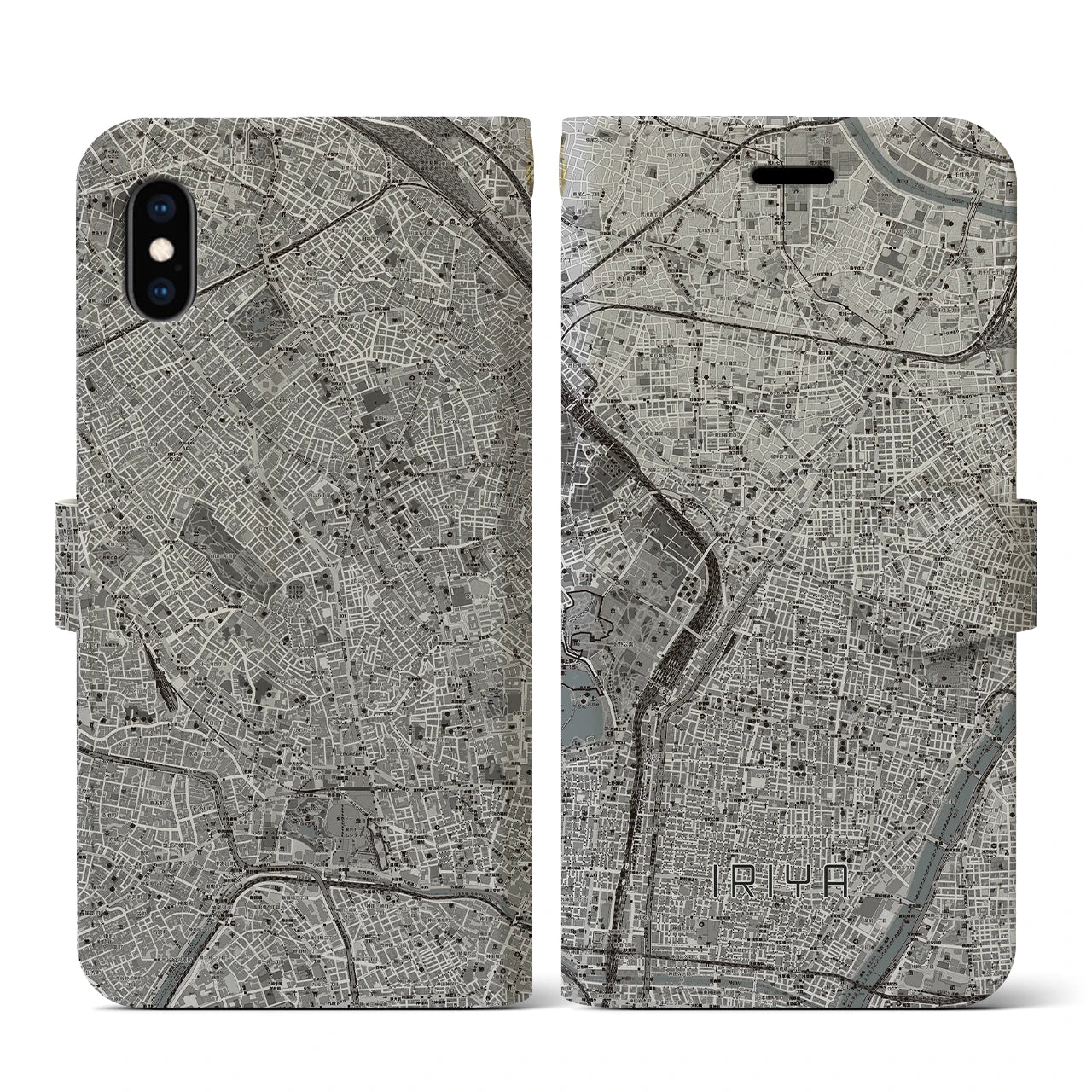 【入谷(東京都)】地図柄iPhoneケース(手帳タイプ)モノトーン・iPhone XS / X 用