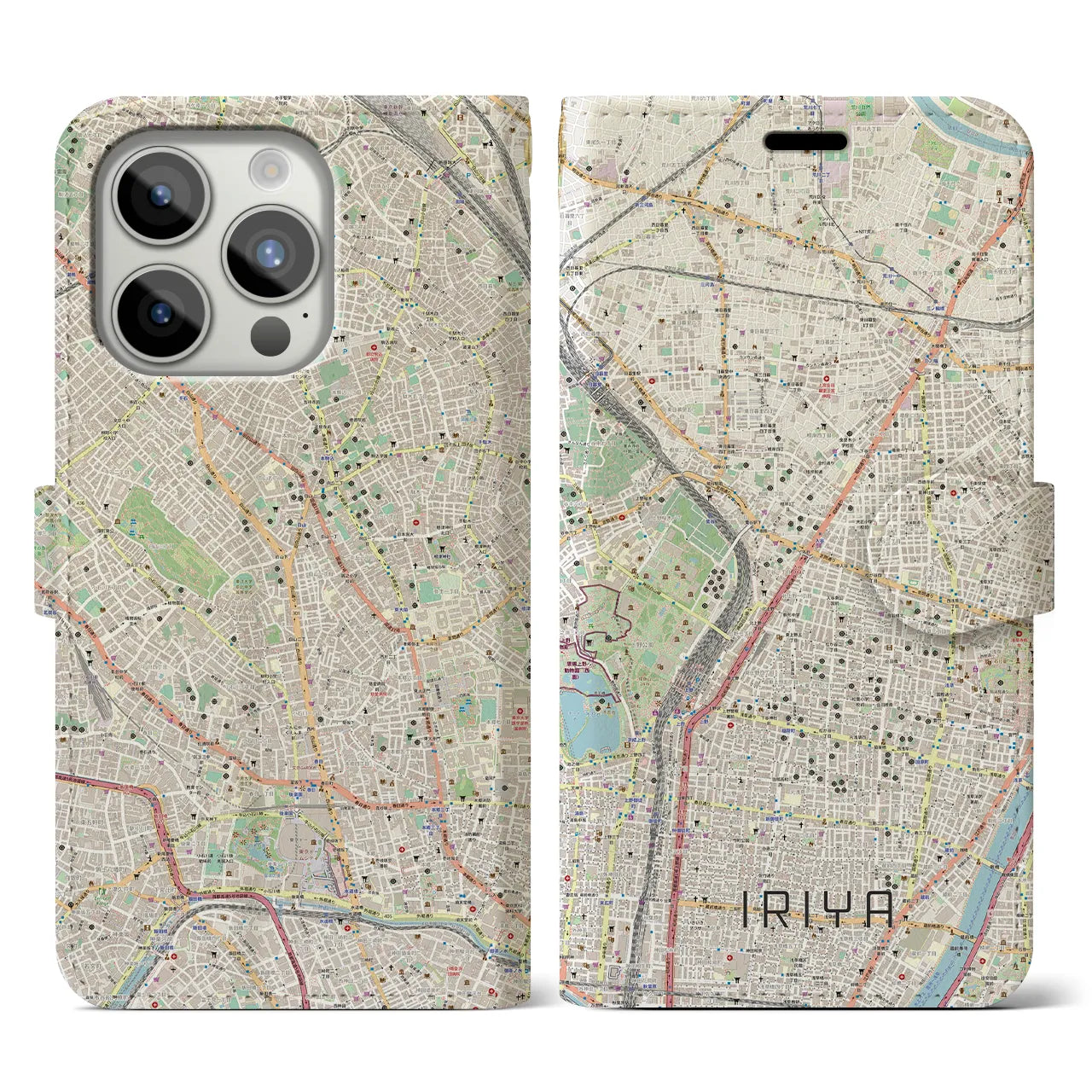 【入谷(東京都)】地図柄iPhoneケース(手帳タイプ)ナチュラル・iPhone 15 Pro 用