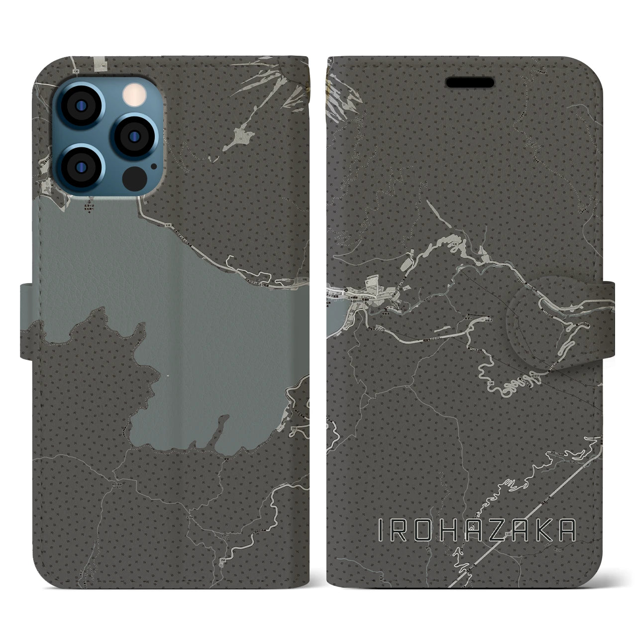 【いろは坂(栃木県)】地図柄iPhoneケース(手帳タイプ)モノトーン・iPhone 12 / 12 Pro 用