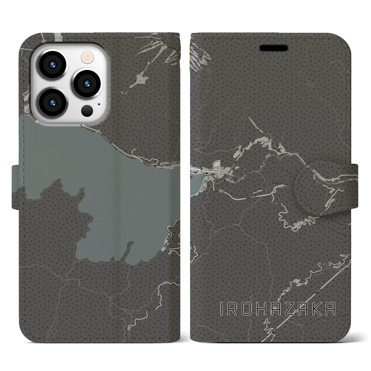 【いろは坂(栃木県)】地図柄iPhoneケース(手帳タイプ)モノトーン・iPhone 13 Pro 用