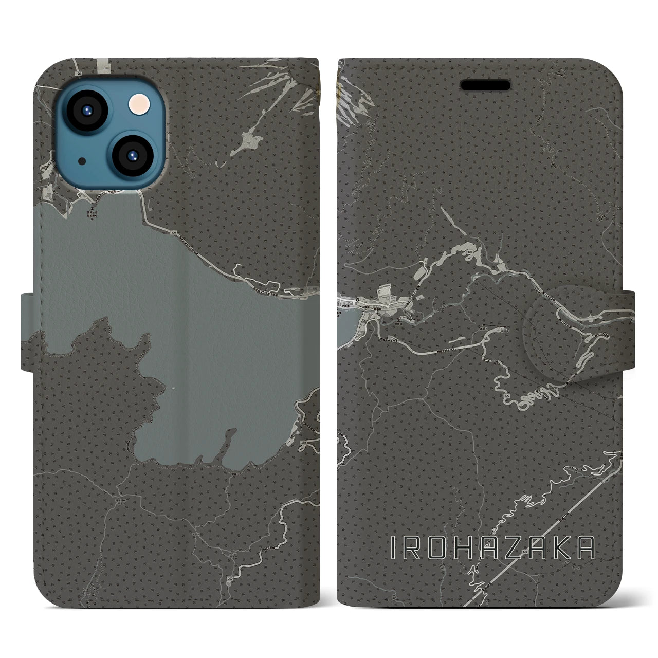 【いろは坂(栃木県)】地図柄iPhoneケース(手帳タイプ)モノトーン・iPhone 13 用