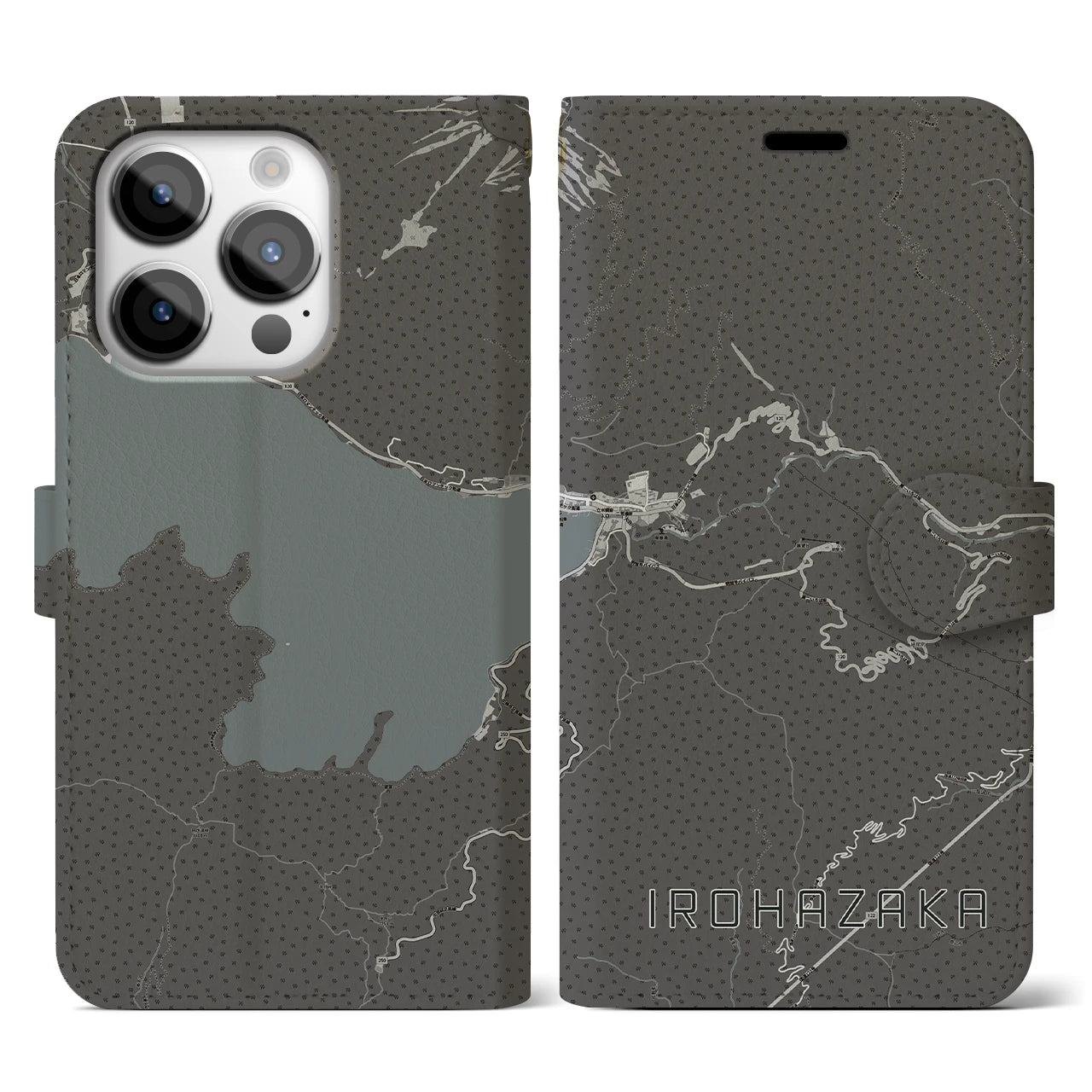 【いろは坂(栃木県)】地図柄iPhoneケース(手帳タイプ)モノトーン・iPhone 14 Pro 用