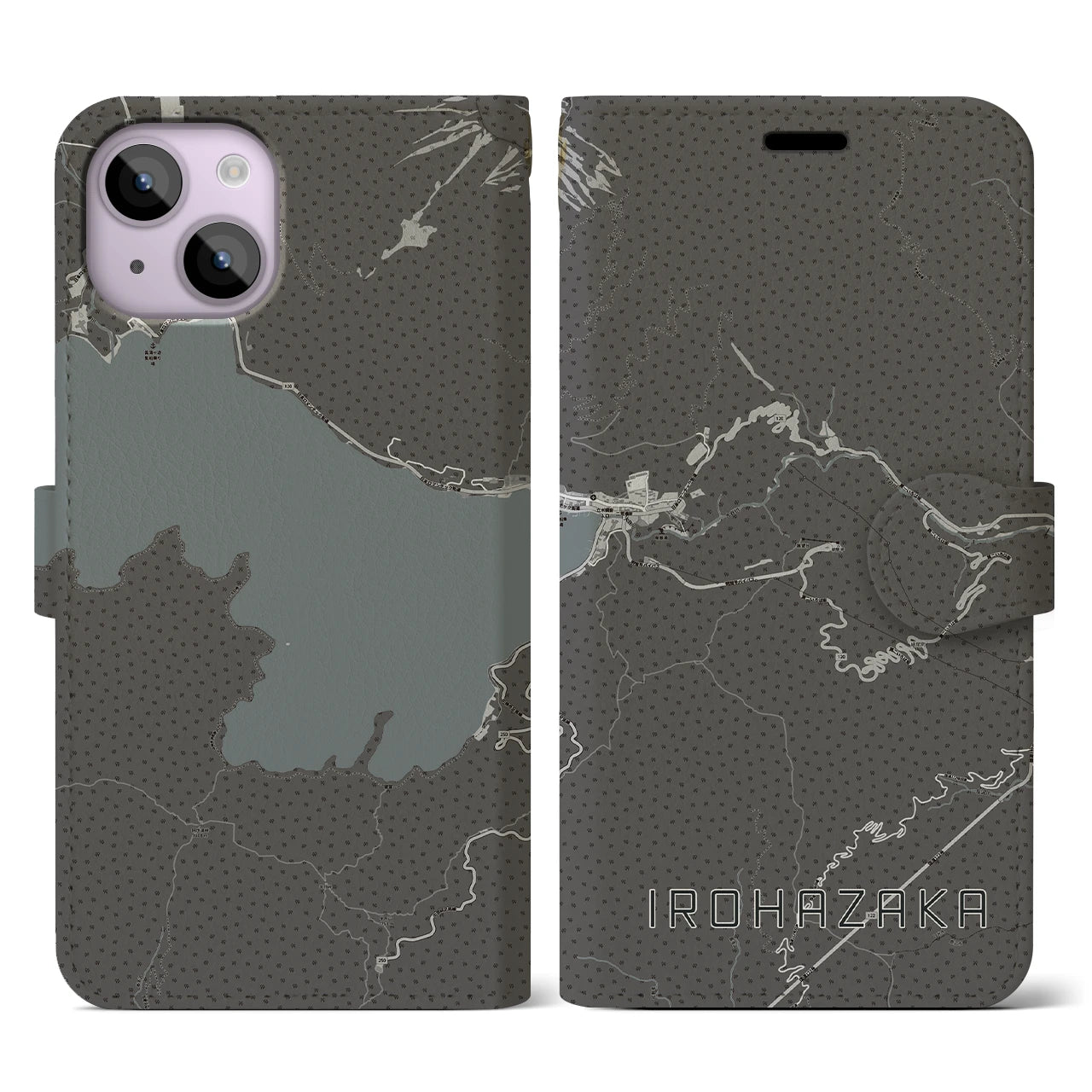 【いろは坂(栃木県)】地図柄iPhoneケース(手帳タイプ)モノトーン・iPhone 14 用