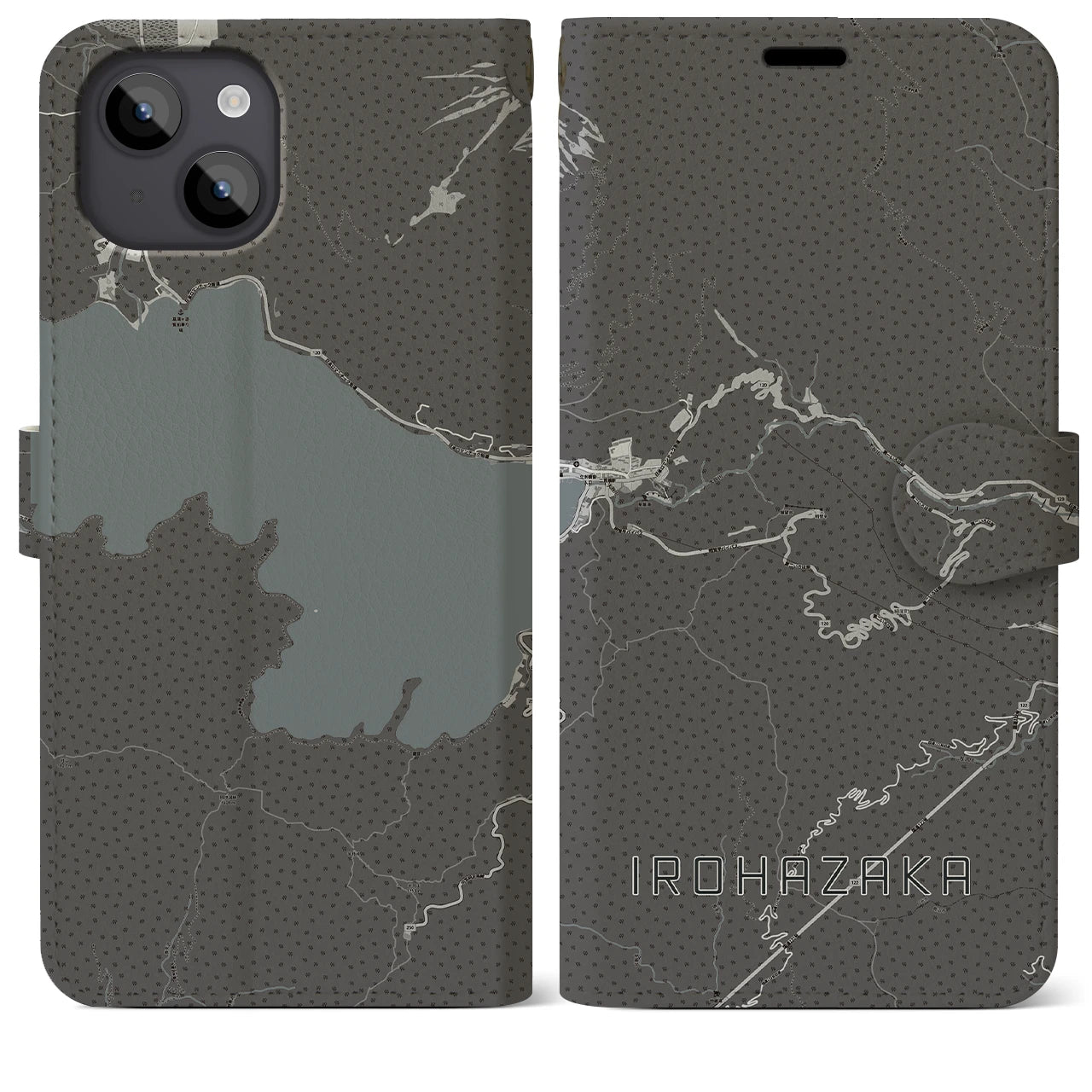 【いろは坂(栃木県)】地図柄iPhoneケース(手帳タイプ)モノトーン・iPhone 14 Plus 用