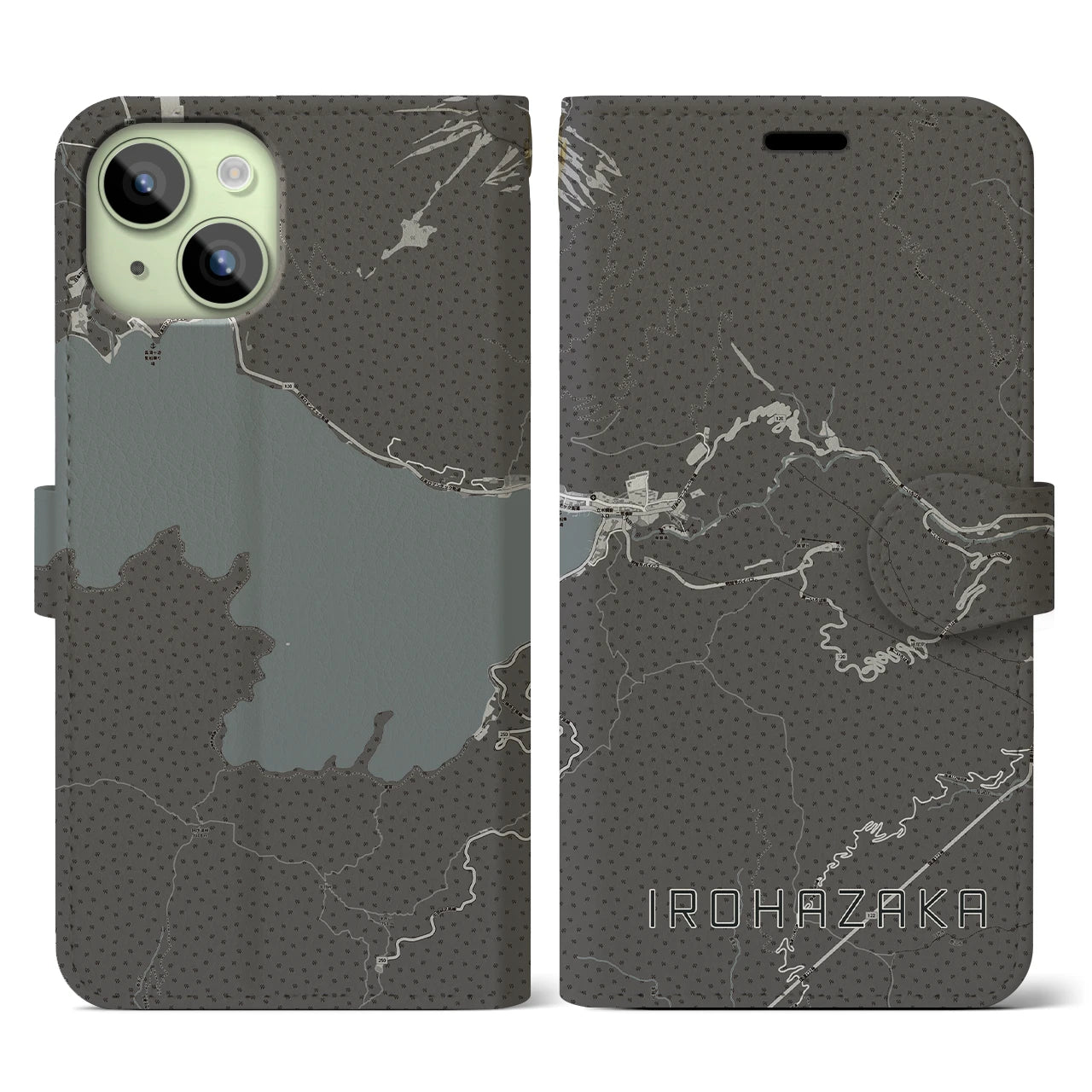 【いろは坂(栃木県)】地図柄iPhoneケース(手帳タイプ)モノトーン・iPhone 15 用