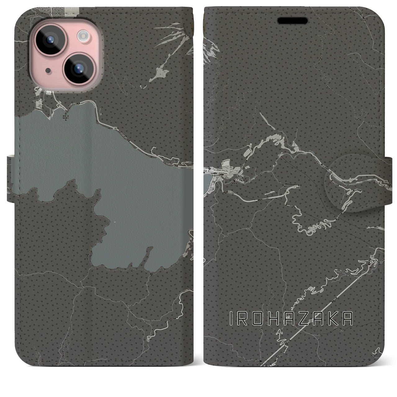 【いろは坂(栃木県)】地図柄iPhoneケース(手帳タイプ)モノトーン・iPhone 15 Plus 用