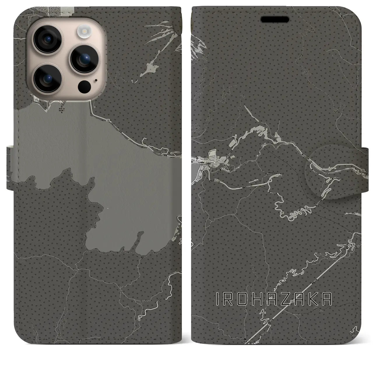 【いろは坂(栃木県)】地図柄iPhoneケース(手帳タイプ)モノトーン・iPhone 16 Plus 用