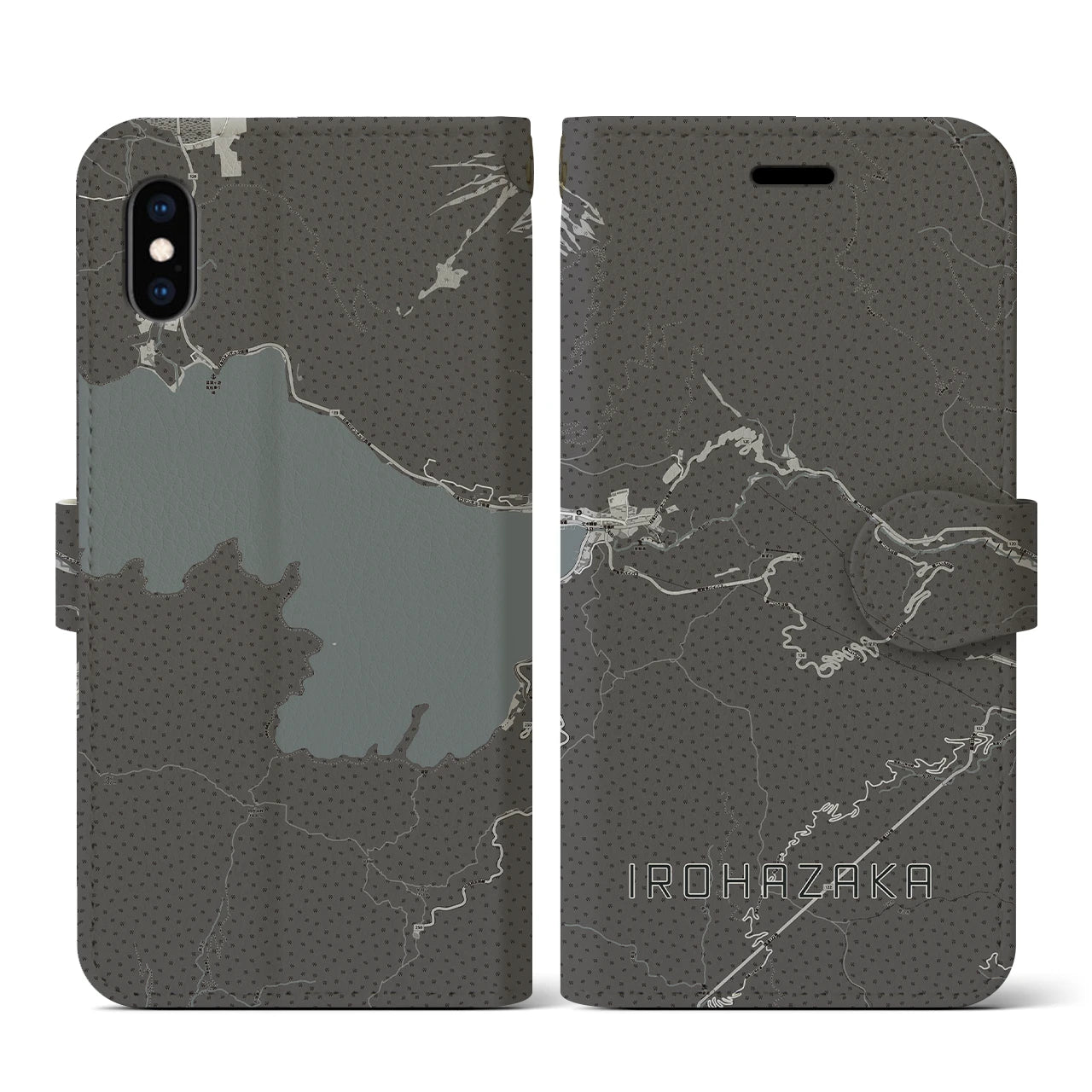【いろは坂(栃木県)】地図柄iPhoneケース(手帳タイプ)モノトーン・iPhone XS / X 用