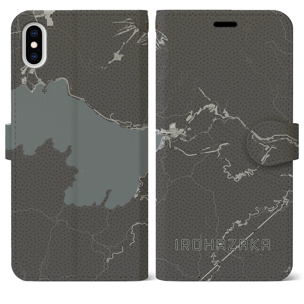 【いろは坂(栃木県)】地図柄iPhoneケース(手帳タイプ)モノトーン・iPhone XS Max 用