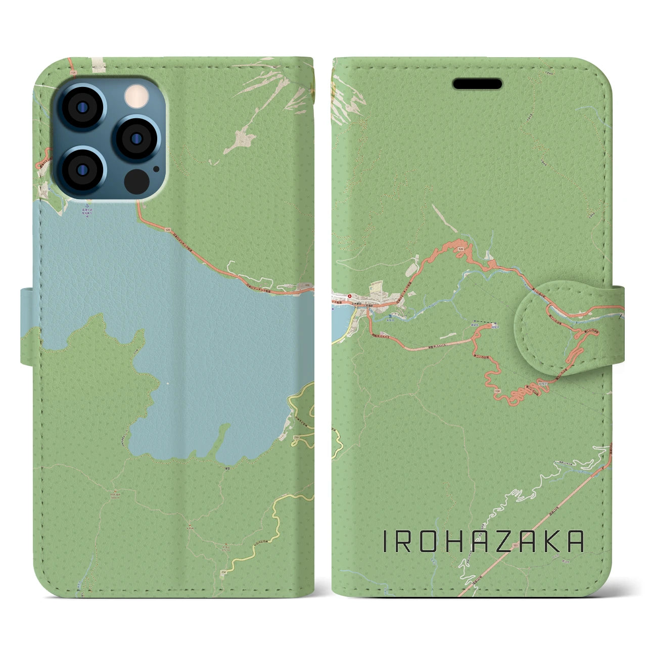 【いろは坂(栃木県)】地図柄iPhoneケース(手帳タイプ)ナチュラル・iPhone 12 / 12 Pro 用