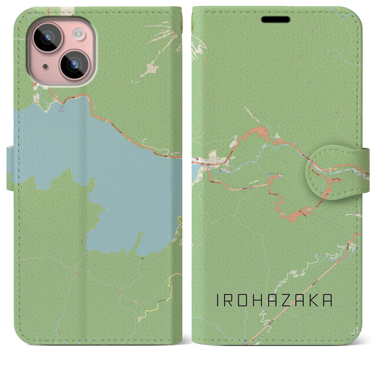 【いろは坂(栃木県)】地図柄iPhoneケース(手帳タイプ)ナチュラル・iPhone 15 Plus 用