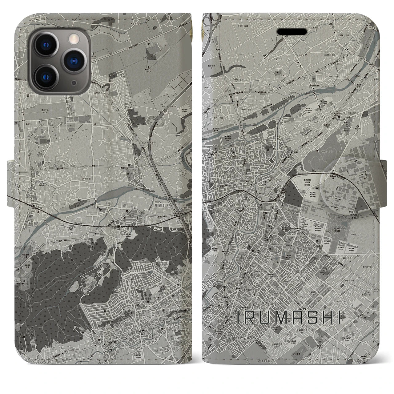 【入間市(埼玉県)】地図柄iPhoneケース(手帳タイプ)モノトーン・iPhone 11 Pro Max 用