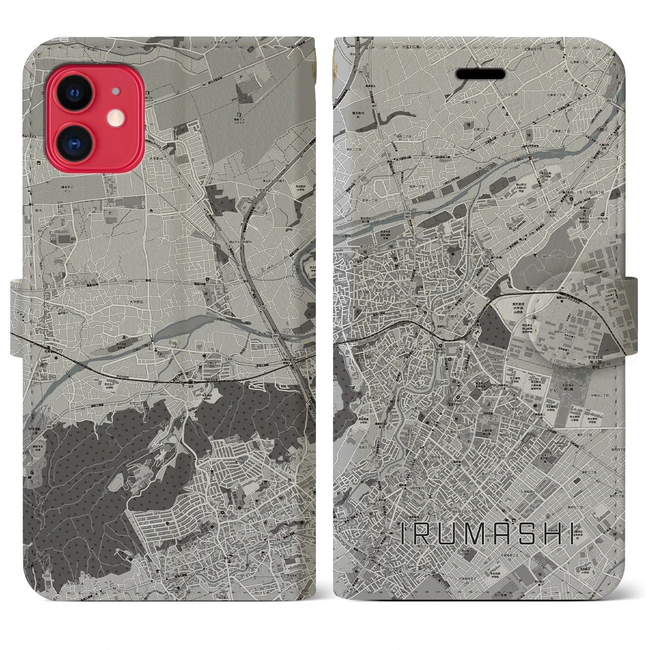 【入間市(埼玉県)】地図柄iPhoneケース(手帳タイプ)モノトーン・iPhone 11 用