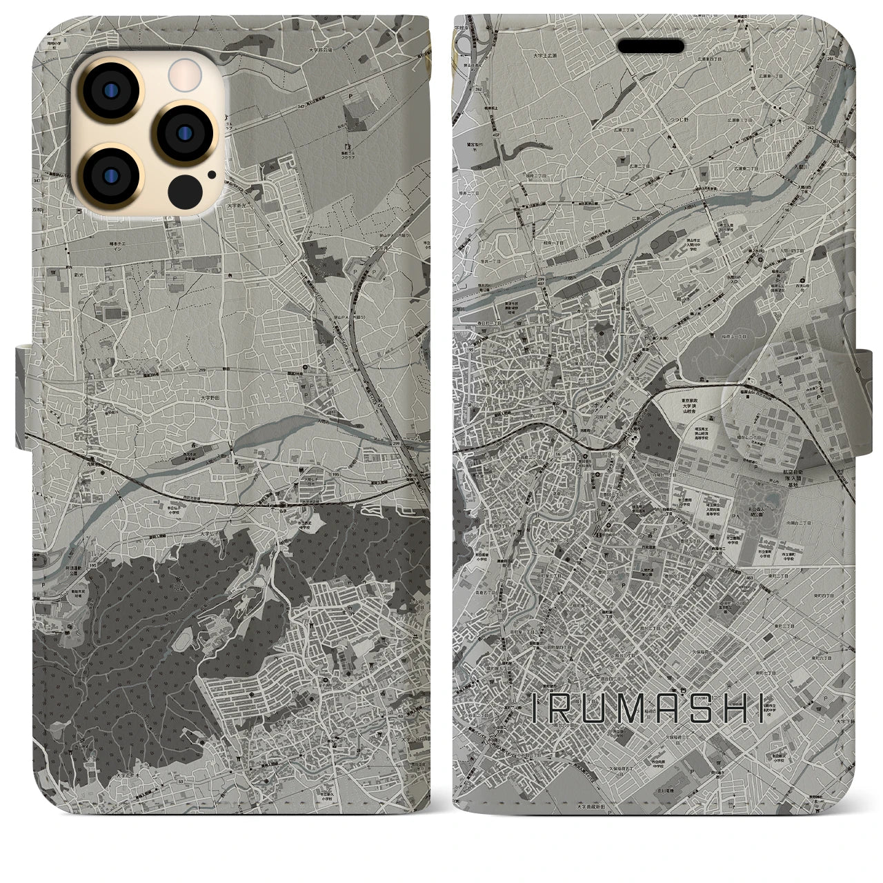 【入間市(埼玉県)】地図柄iPhoneケース(手帳タイプ)モノトーン・iPhone 12 Pro Max 用
