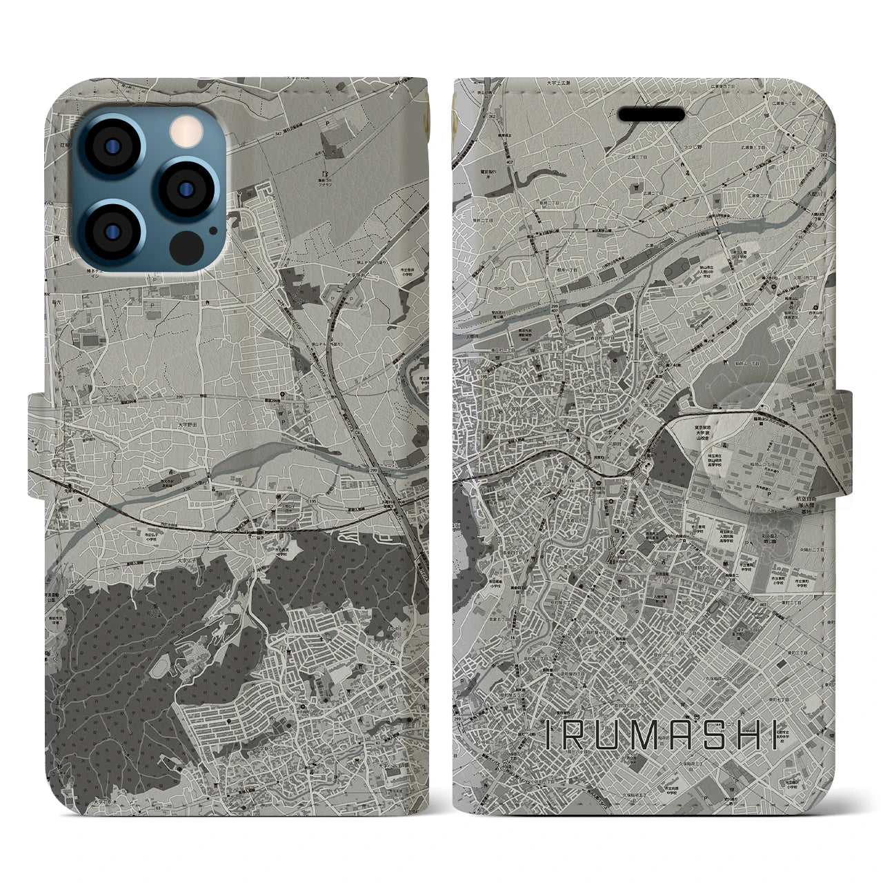 【入間市(埼玉県)】地図柄iPhoneケース(手帳タイプ)モノトーン・iPhone 12 / 12 Pro 用