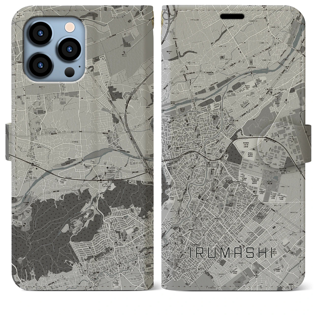 【入間市(埼玉県)】地図柄iPhoneケース(手帳タイプ)モノトーン・iPhone 13 Pro Max 用