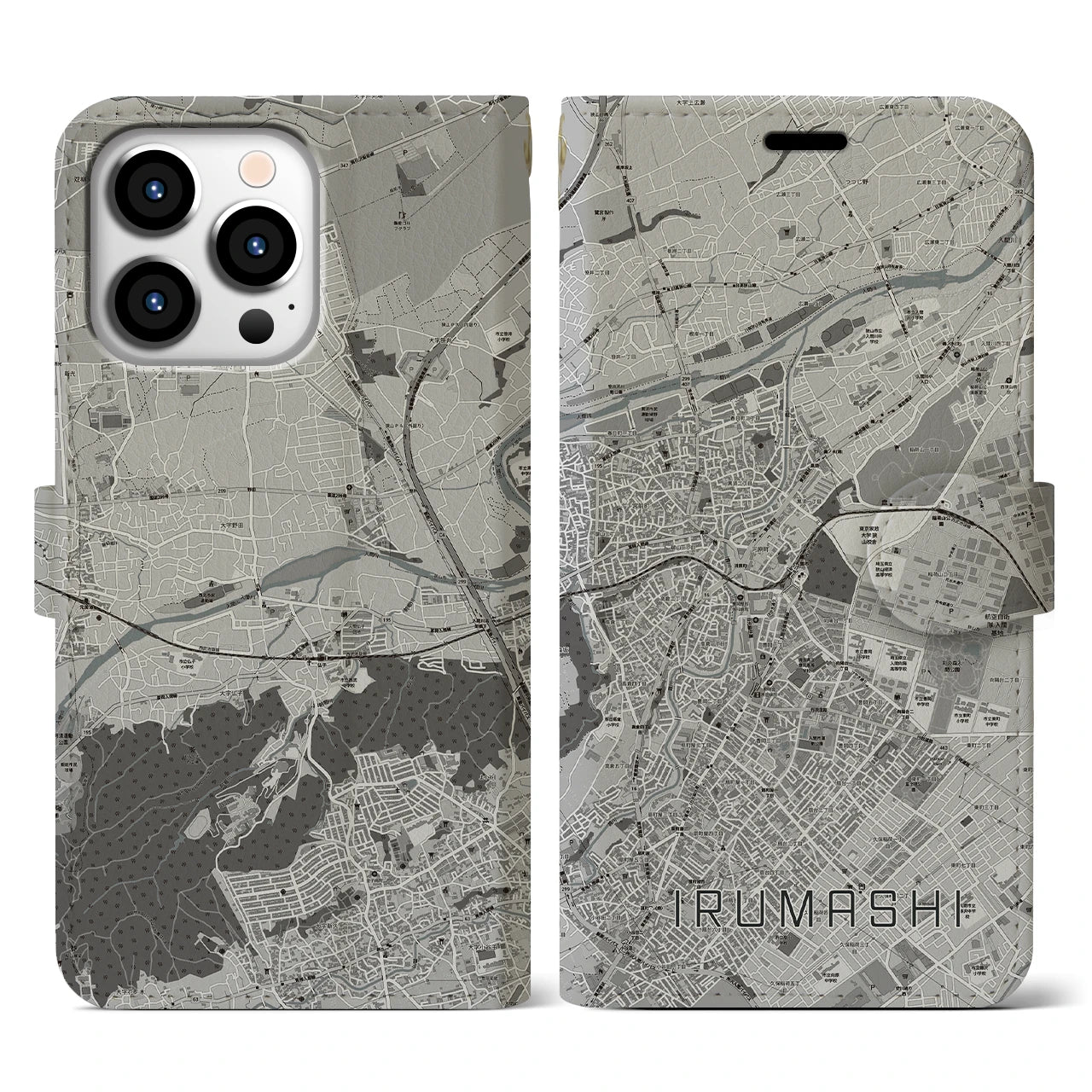 【入間市(埼玉県)】地図柄iPhoneケース(手帳タイプ)モノトーン・iPhone 13 Pro 用