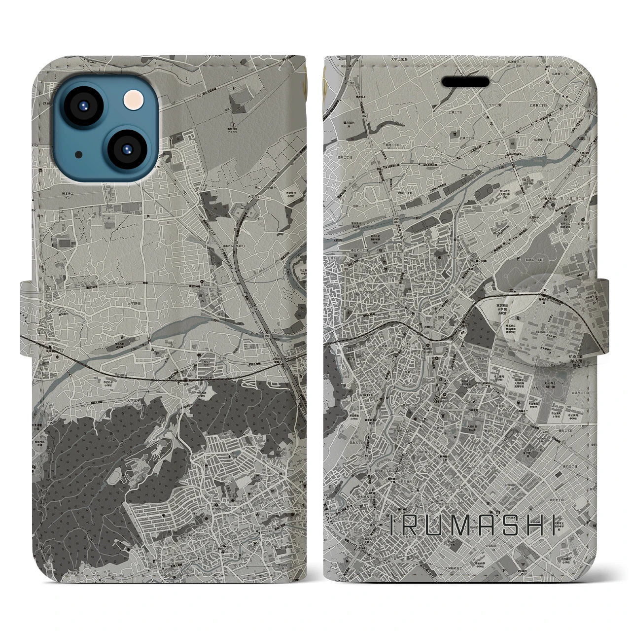 【入間市(埼玉県)】地図柄iPhoneケース(手帳タイプ)モノトーン・iPhone 13 用
