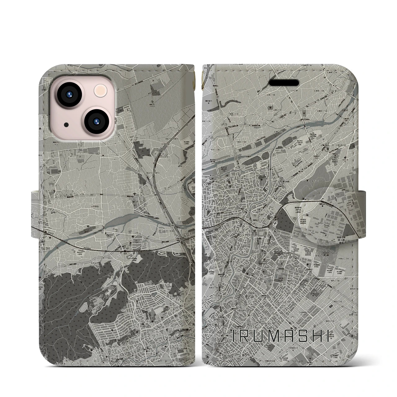 【入間市(埼玉県)】地図柄iPhoneケース(手帳タイプ)モノトーン・iPhone 13 mini 用