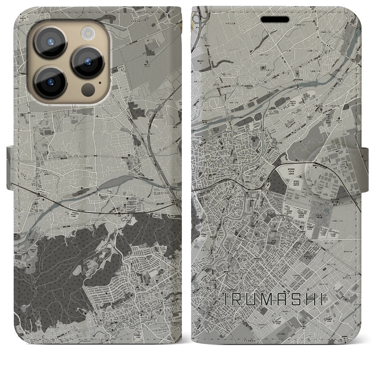 【入間市(埼玉県)】地図柄iPhoneケース(手帳タイプ)モノトーン・iPhone 14 Pro Max 用