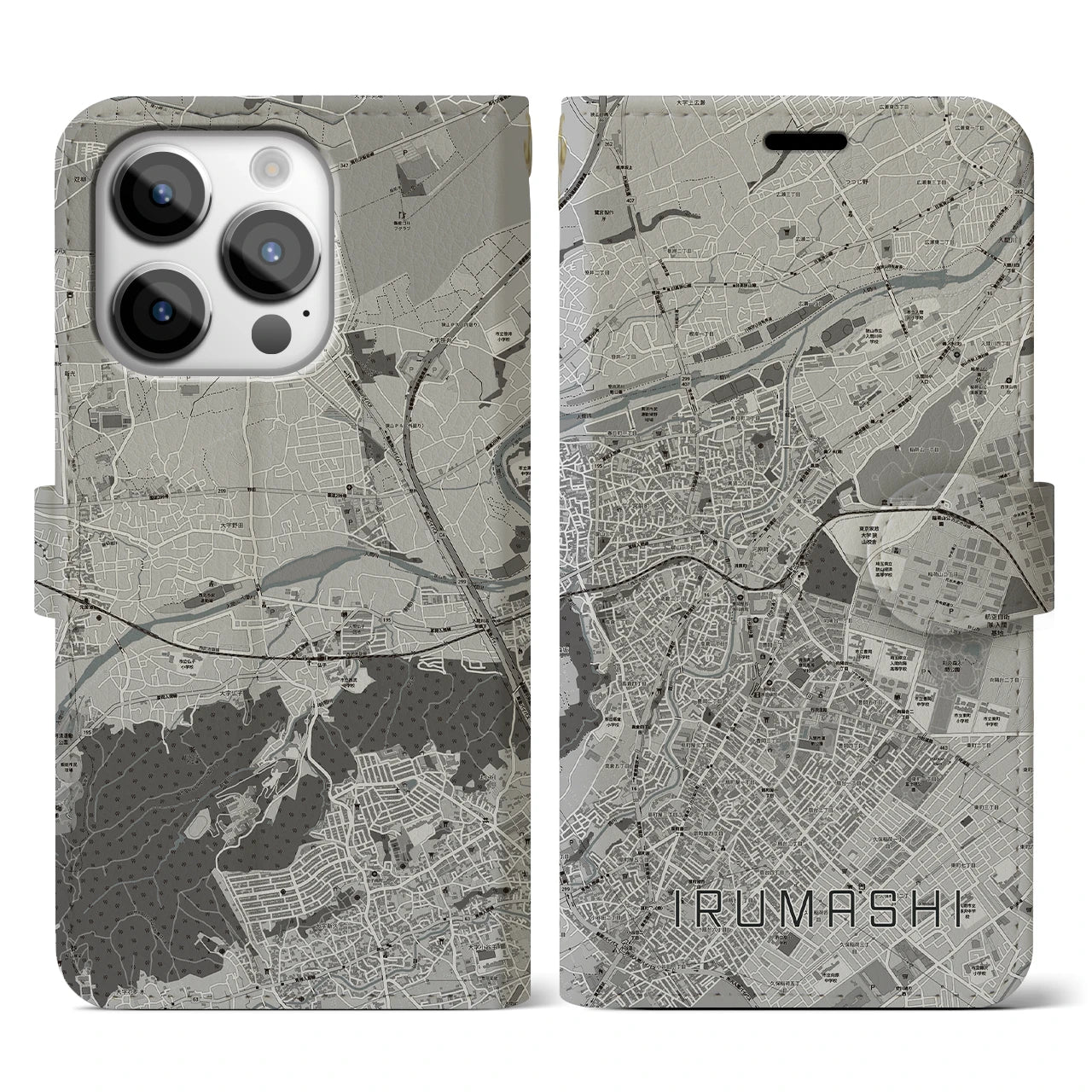 【入間市(埼玉県)】地図柄iPhoneケース(手帳タイプ)モノトーン・iPhone 14 Pro 用