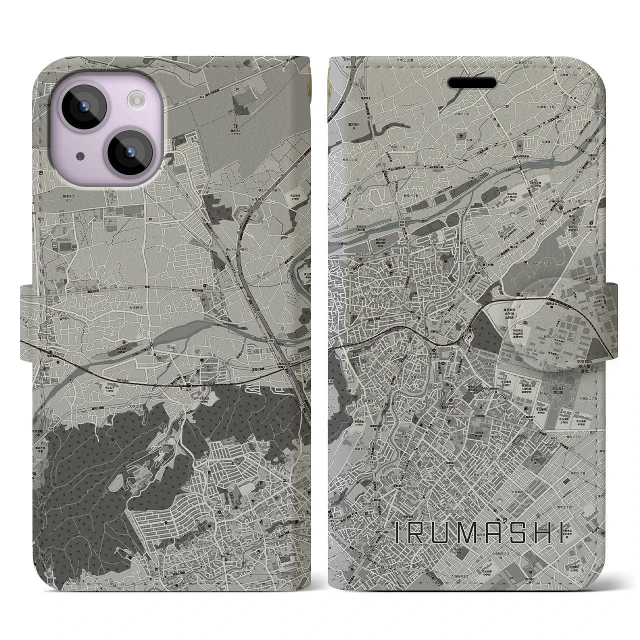 【入間市(埼玉県)】地図柄iPhoneケース(手帳タイプ)モノトーン・iPhone 14 用
