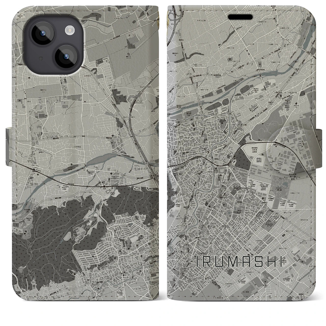 【入間市(埼玉県)】地図柄iPhoneケース(手帳タイプ)モノトーン・iPhone 14 Plus 用