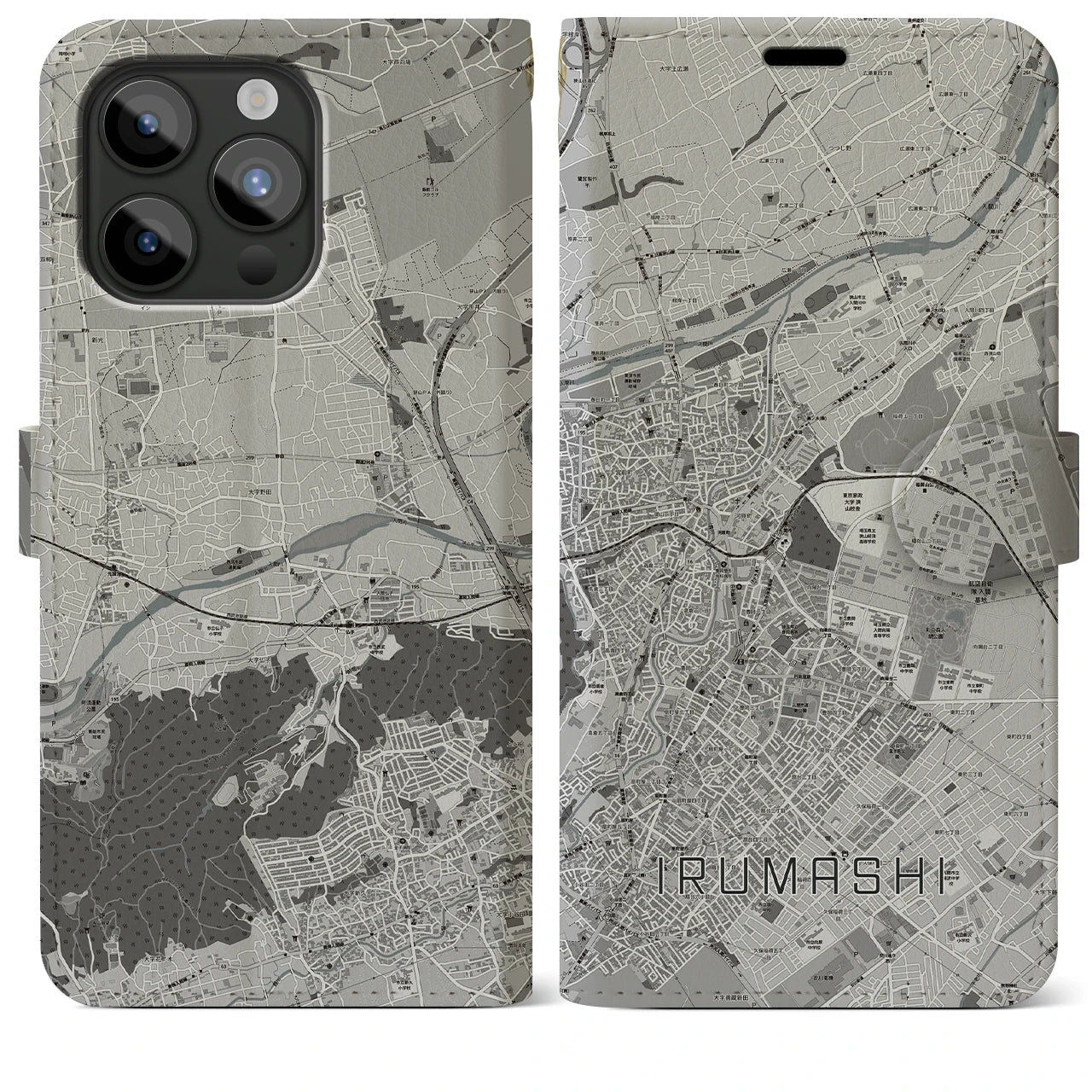 【入間市(埼玉県)】地図柄iPhoneケース(手帳タイプ)モノトーン・iPhone 15 Pro Max 用