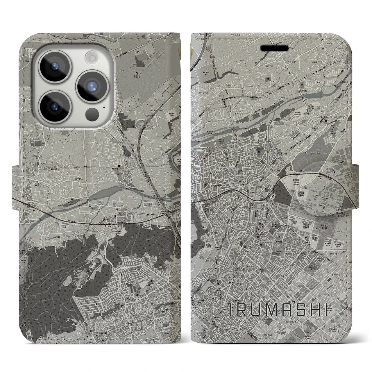 【入間市(埼玉県)】地図柄iPhoneケース(手帳タイプ)モノトーン・iPhone 15 Pro 用