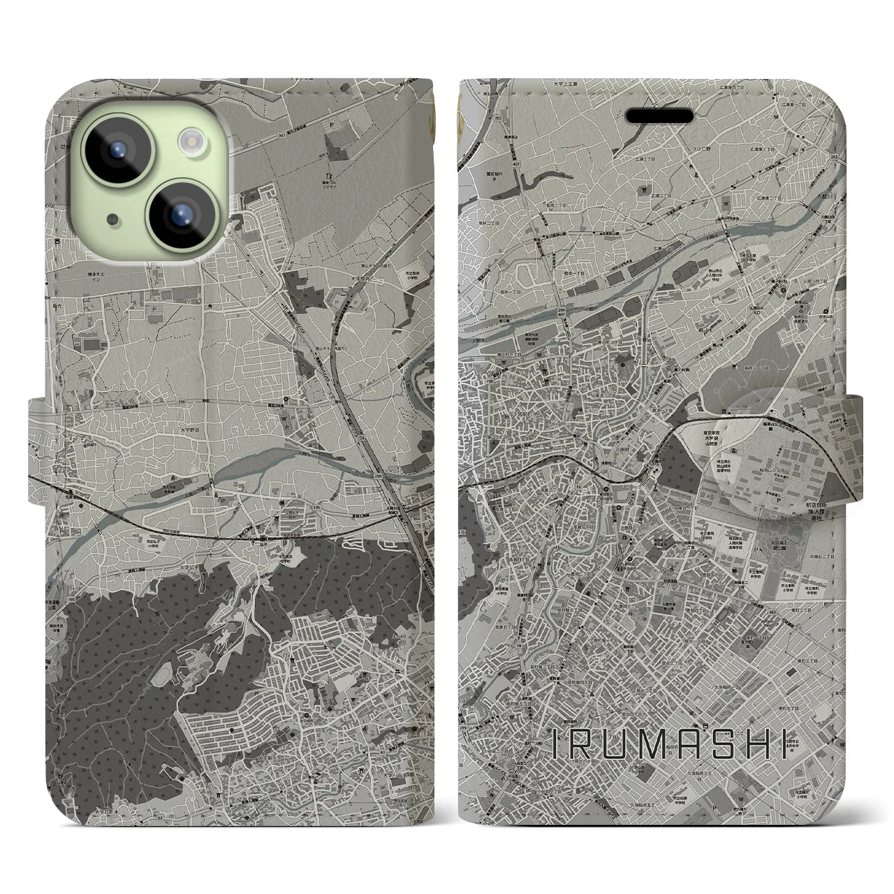 【入間市(埼玉県)】地図柄iPhoneケース(手帳タイプ)モノトーン・iPhone 15 用