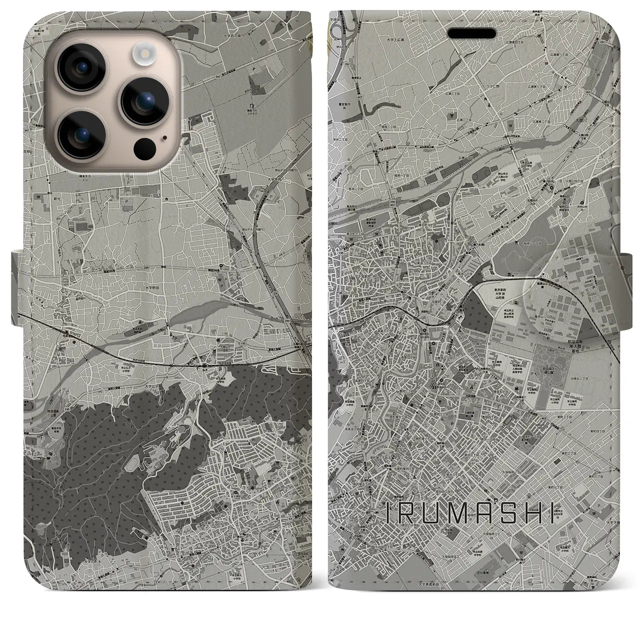 【入間市(埼玉県)】地図柄iPhoneケース(手帳タイプ)モノトーン・iPhone 16 Plus 用