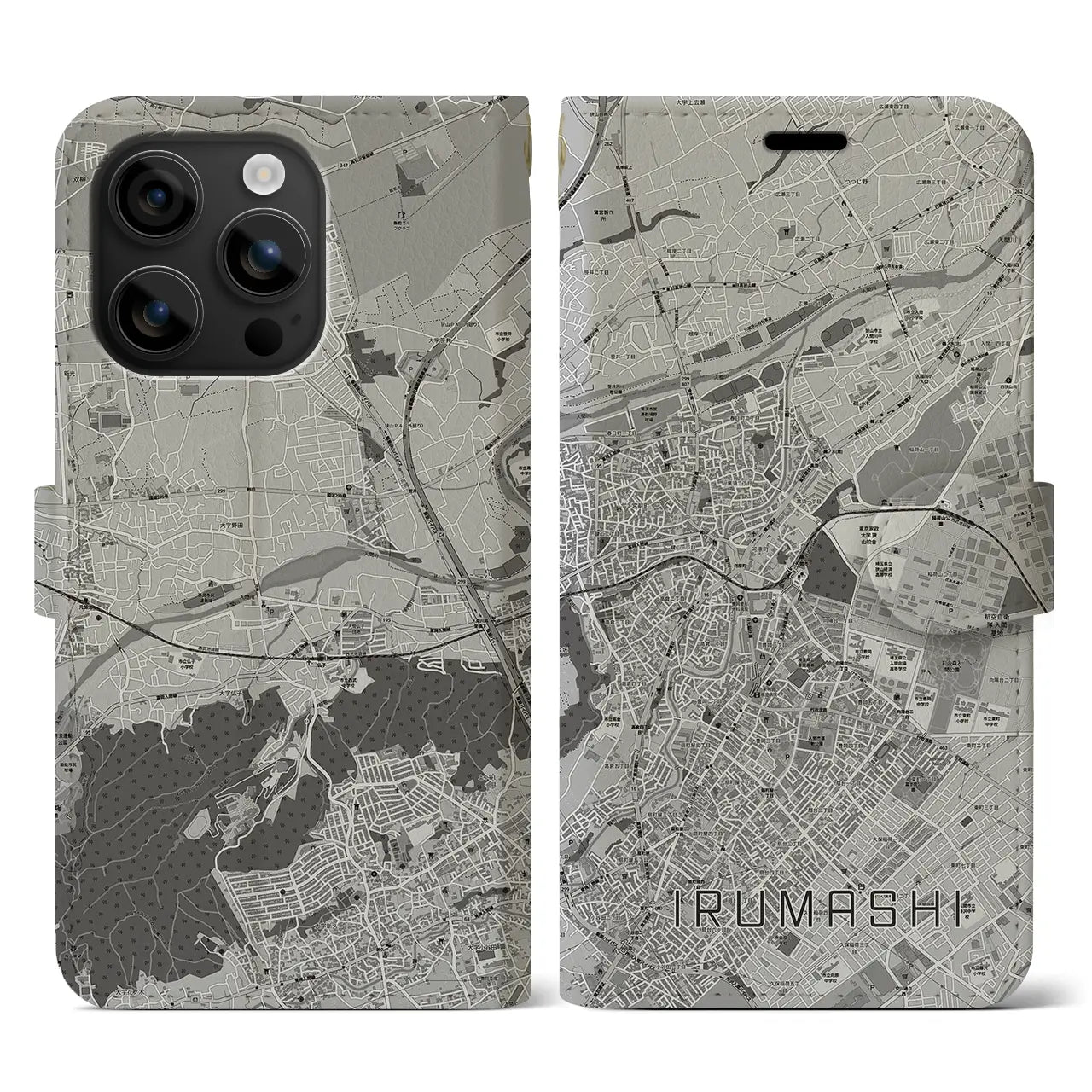 【入間市(埼玉県)】地図柄iPhoneケース(手帳タイプ)モノトーン・iPhone 16 用