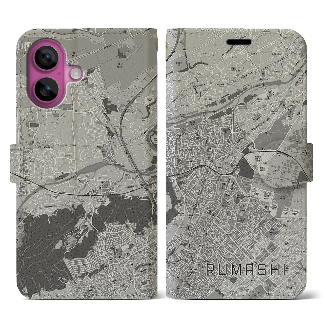 【入間市(埼玉県)】地図柄iPhoneケース(手帳タイプ)モノトーン・iPhone 16 Pro 用