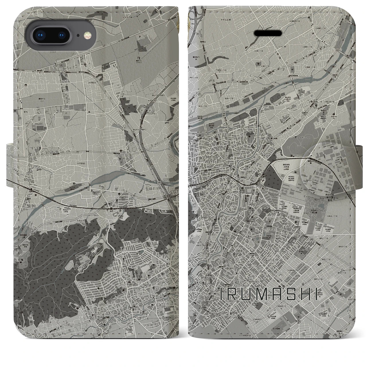 【入間市(埼玉県)】地図柄iPhoneケース(手帳タイプ)モノトーン・iPhone 8Plus /7Plus / 6sPlus / 6Plus 用