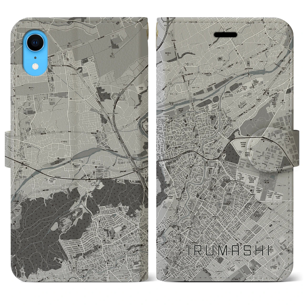【入間市(埼玉県)】地図柄iPhoneケース(手帳タイプ)モノトーン・iPhone XR 用