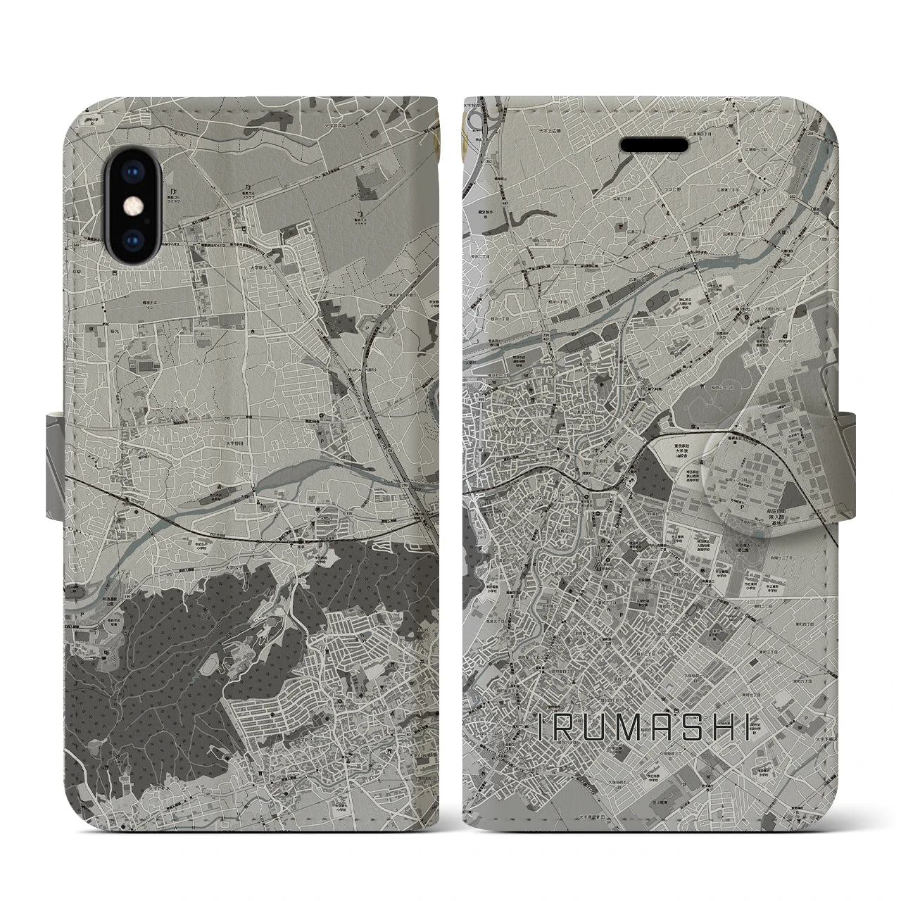 【入間市(埼玉県)】地図柄iPhoneケース(手帳タイプ)モノトーン・iPhone XS / X 用