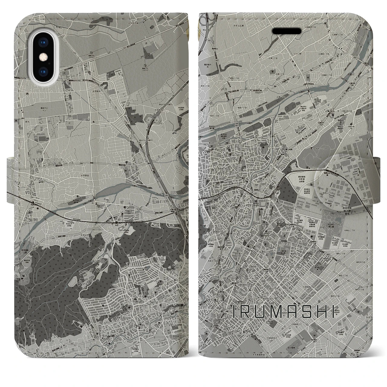 【入間市(埼玉県)】地図柄iPhoneケース(手帳タイプ)モノトーン・iPhone XS Max 用
