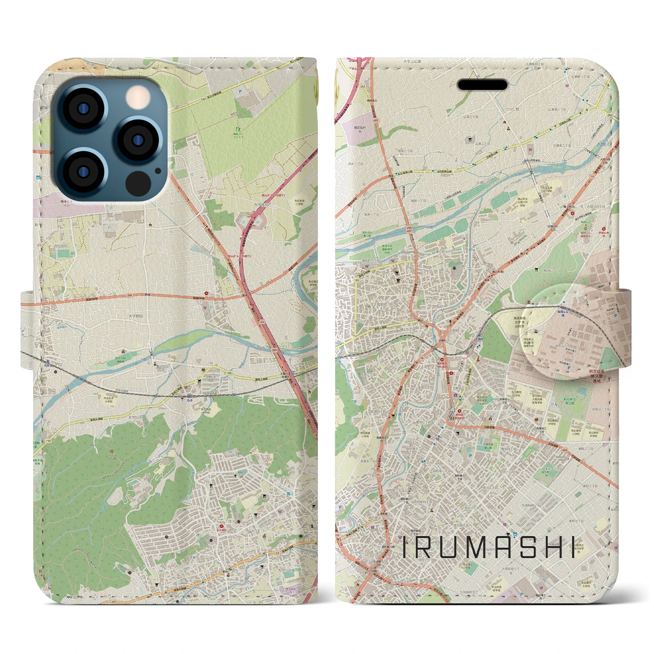 【入間市(埼玉県)】地図柄iPhoneケース(手帳タイプ)ナチュラル・iPhone 12 / 12 Pro 用