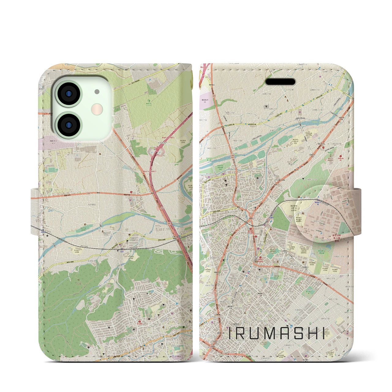 【入間市(埼玉県)】地図柄iPhoneケース(手帳タイプ)ナチュラル・iPhone 12 mini 用