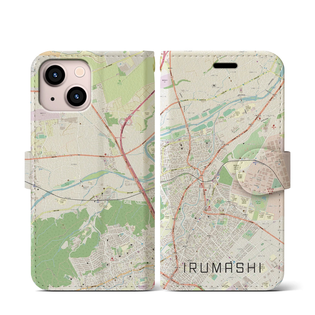 【入間市(埼玉県)】地図柄iPhoneケース(手帳タイプ)ナチュラル・iPhone 13 mini 用