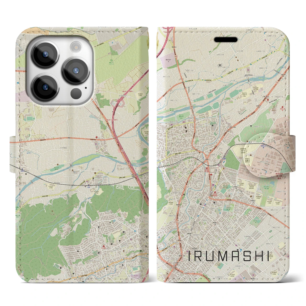 【入間市(埼玉県)】地図柄iPhoneケース(手帳タイプ)ナチュラル・iPhone 14 Pro 用