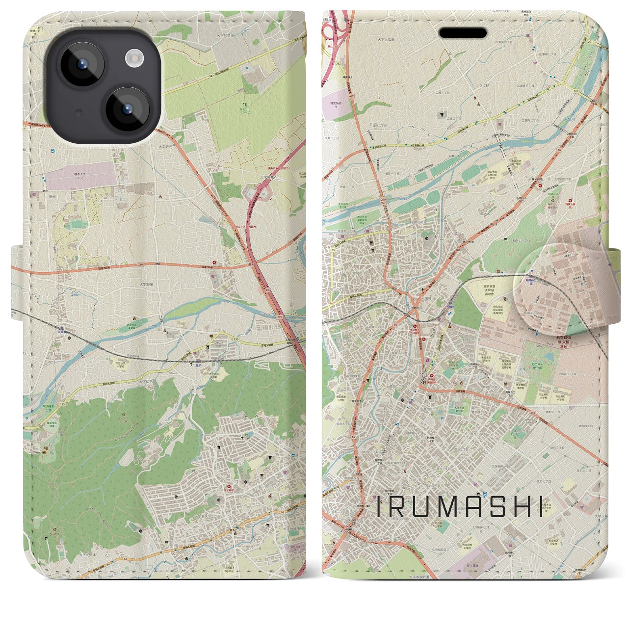 【入間市(埼玉県)】地図柄iPhoneケース(手帳タイプ)ナチュラル・iPhone 14 Plus 用