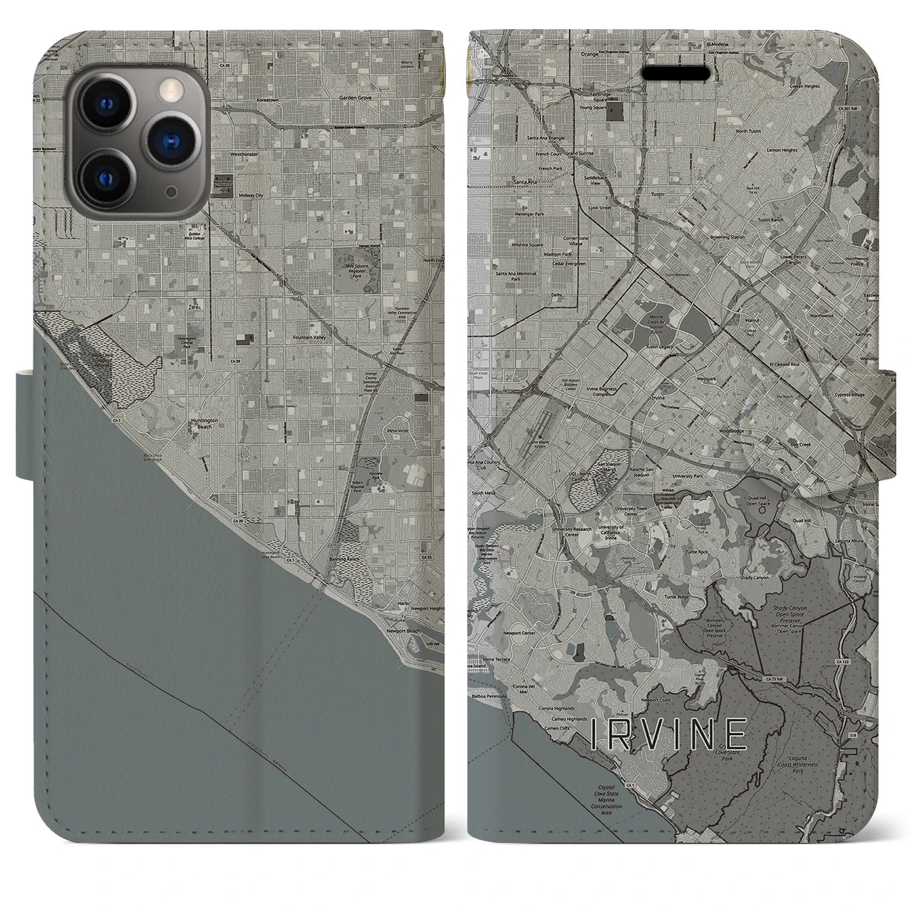 【アーバイン(アメリカ)】地図柄iPhoneケース(手帳タイプ)モノトーン・iPhone 11 Pro Max 用