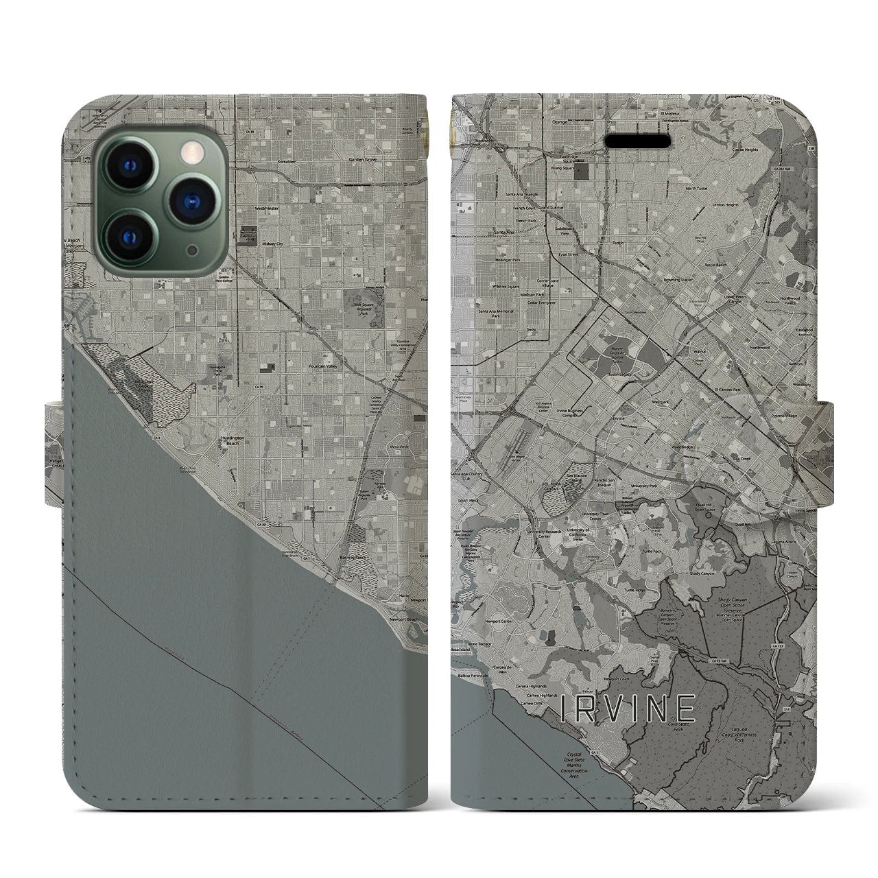 【アーバイン(アメリカ)】地図柄iPhoneケース(手帳タイプ)モノトーン・iPhone 11 Pro 用