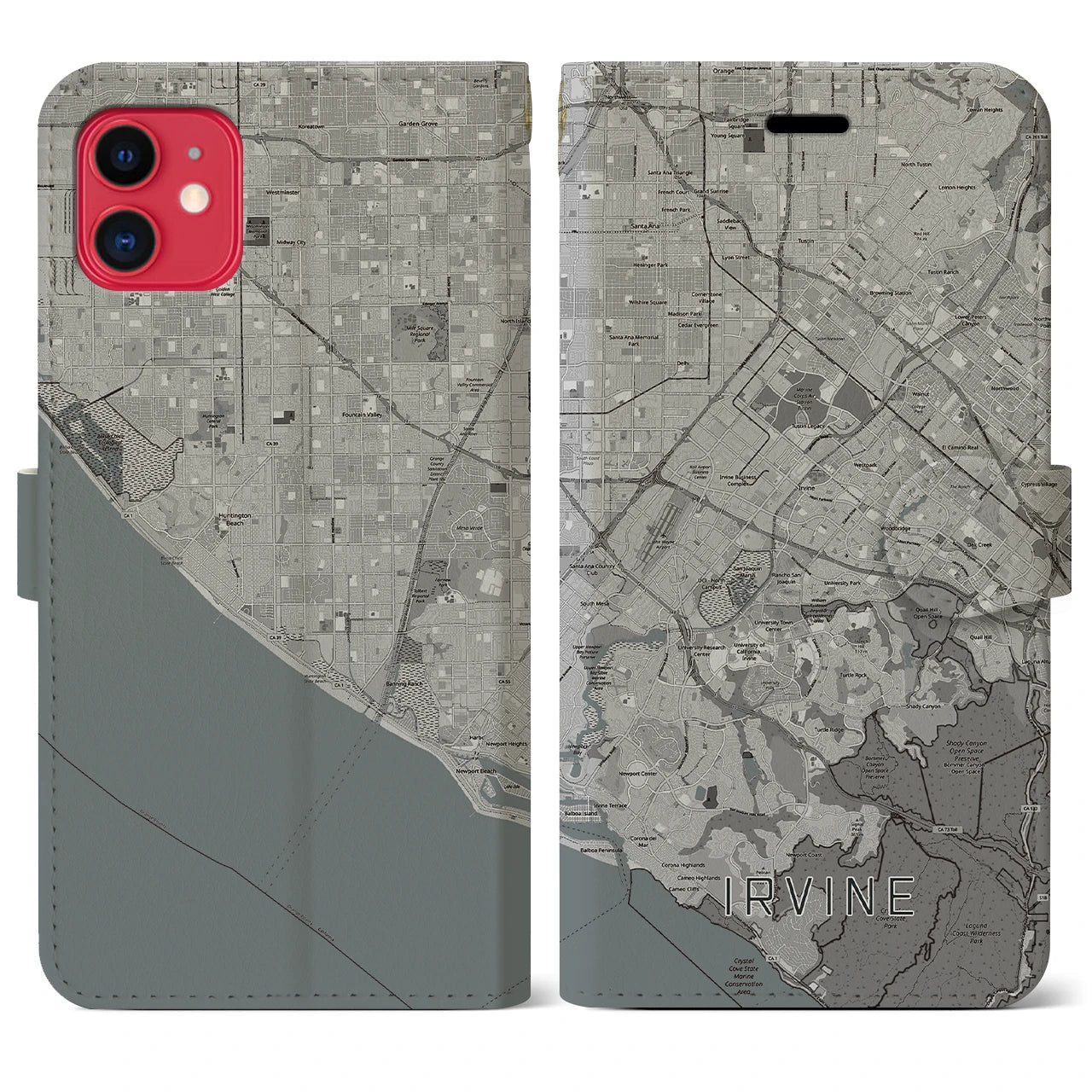 【アーバイン(アメリカ)】地図柄iPhoneケース(手帳タイプ)モノトーン・iPhone 11 用