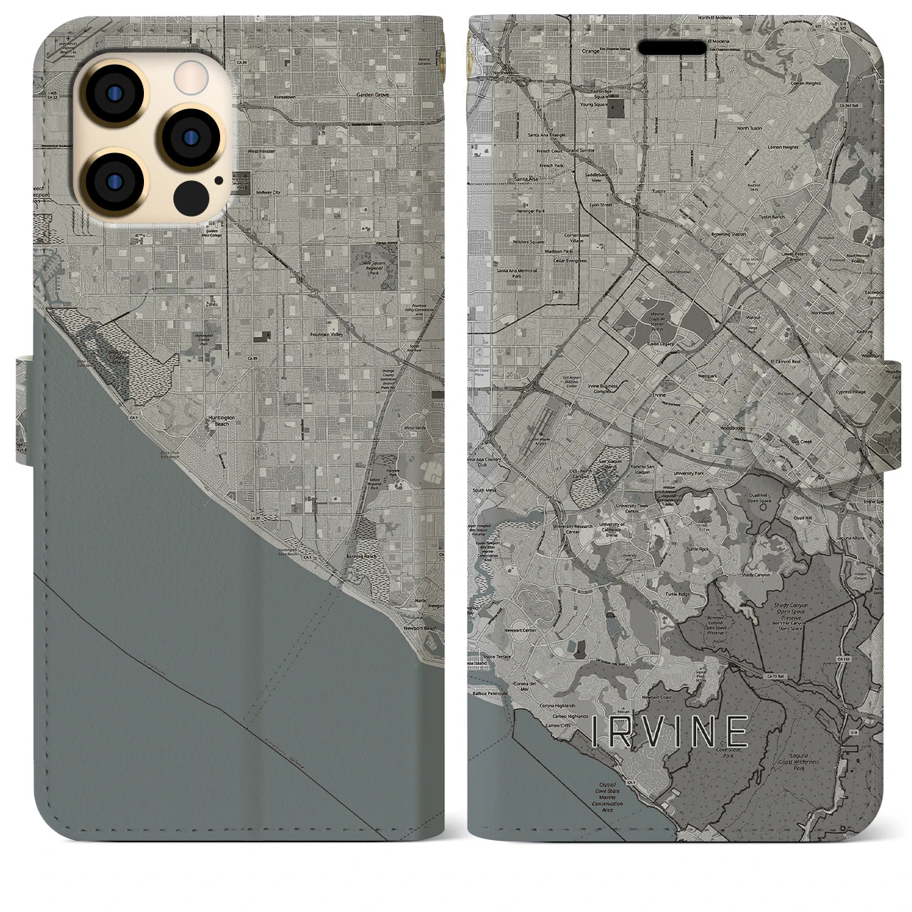 【アーバイン(アメリカ)】地図柄iPhoneケース(手帳タイプ)モノトーン・iPhone 12 Pro Max 用