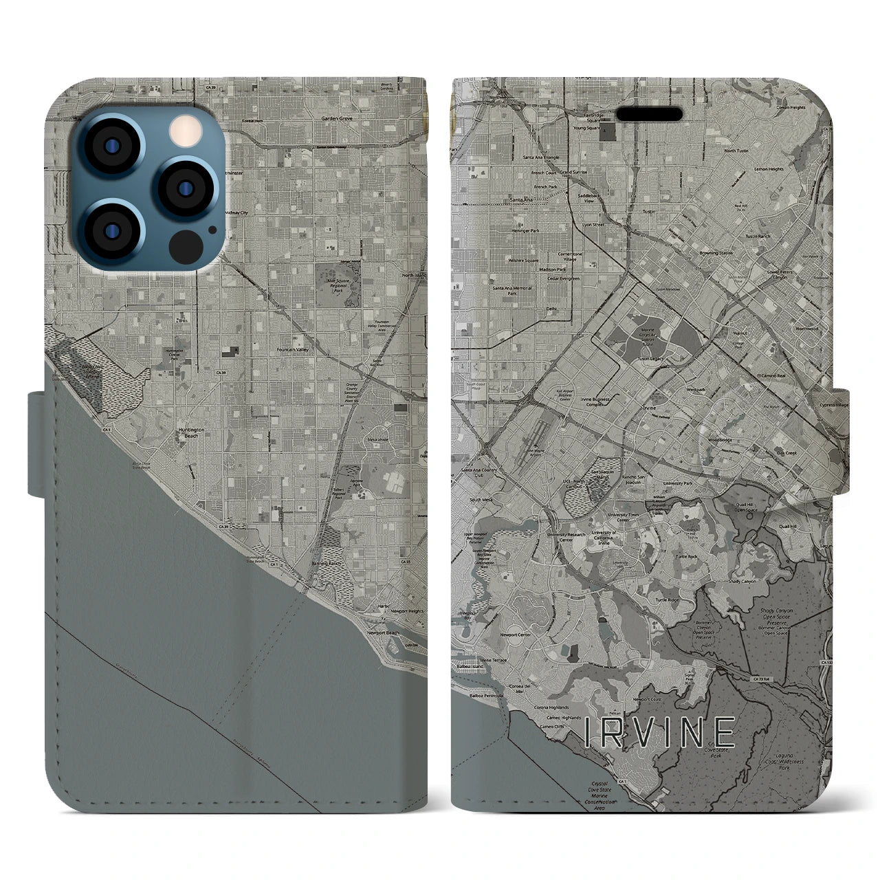 【アーバイン(アメリカ)】地図柄iPhoneケース(手帳タイプ)モノトーン・iPhone 12 / 12 Pro 用