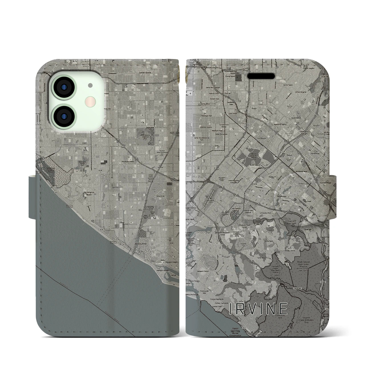 【アーバイン(アメリカ)】地図柄iPhoneケース(手帳タイプ)モノトーン・iPhone 12 mini 用