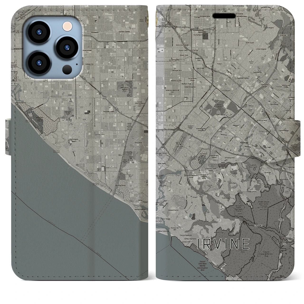 【アーバイン(アメリカ)】地図柄iPhoneケース(手帳タイプ)モノトーン・iPhone 13 Pro Max 用